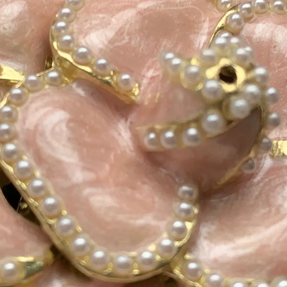 Camellia Lapel Pin in Pink Enamel with Faux Pearls & Gold Tone Bro-Brooch